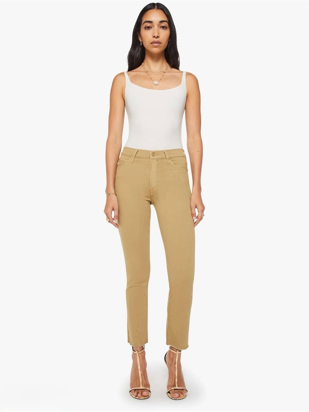 MOTHER The Mid Rise Dazzler Ankle Fray Jeans 28 Play Date Khaki Raw Hem